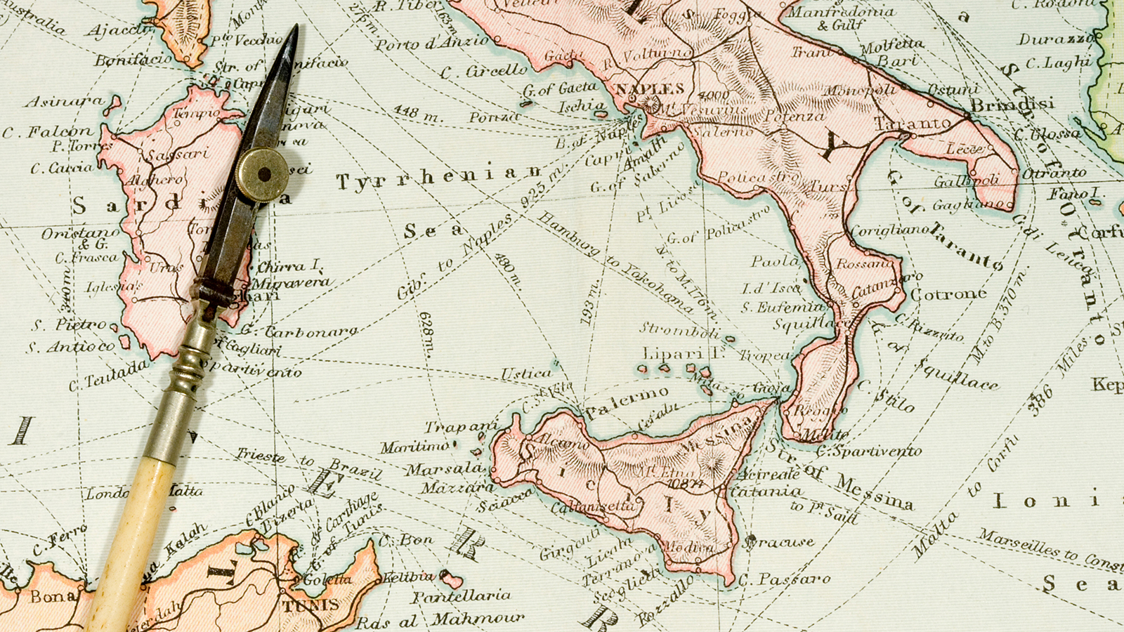 Detail of 1907 map showing countries and trade routes between southern Italy, Sicily, Sardinia, and Tunisia