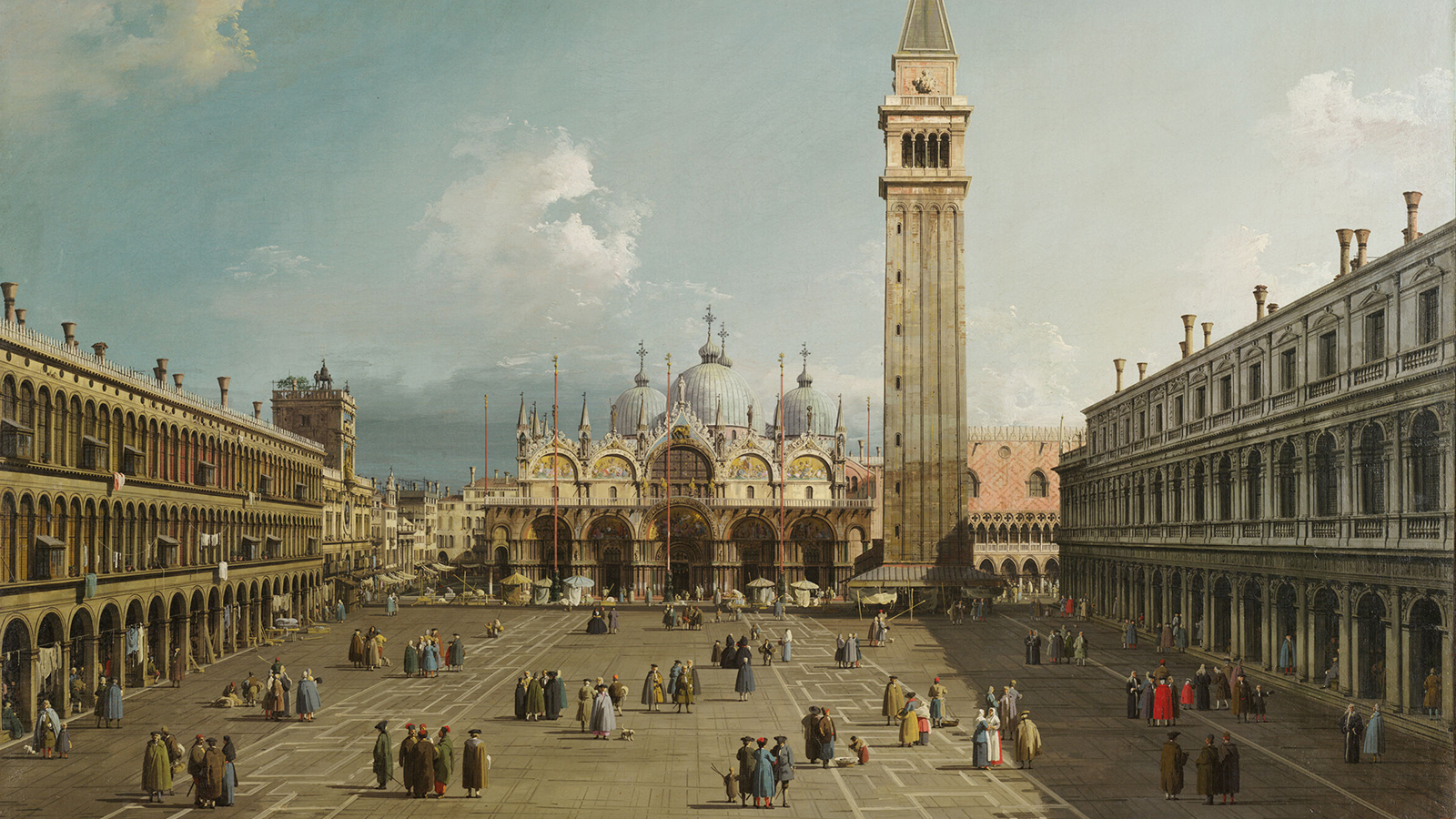 Color reproduction of an 18th century painting of San Marco Square in Venice, showing Renaissance and Baroque architecture on the sides of the piazza