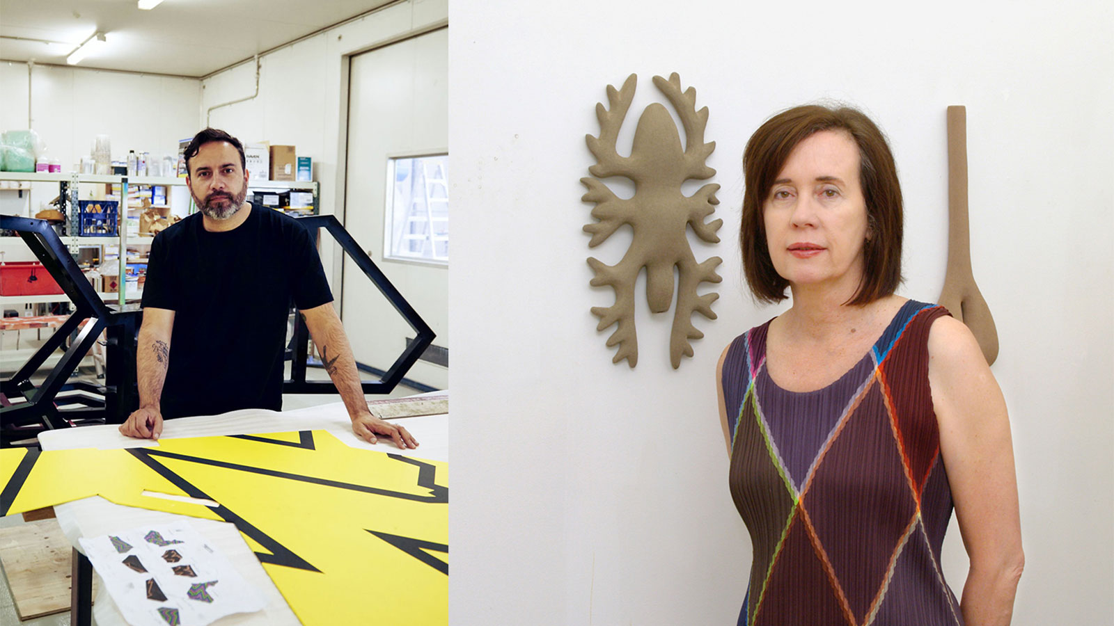 Color image of two separate photos side by side. On the left is a man with a beard and a black shirt standing in an artist's studio, with a yellow and black graphic work on the work table in front of him; on the right is a woman standing in a gallery next to hre abstract ceramic relief sculpture hanging on the white wall behind her