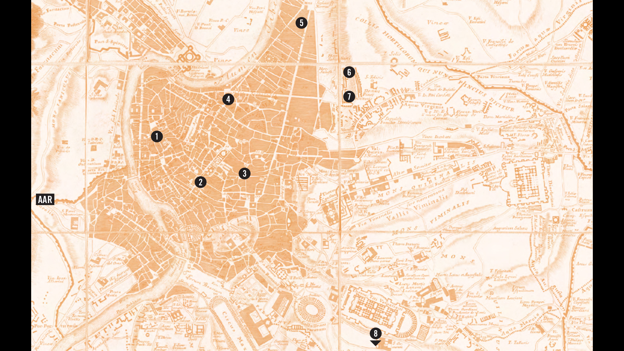 Reproduction of a map of Rome in monochromatic orange