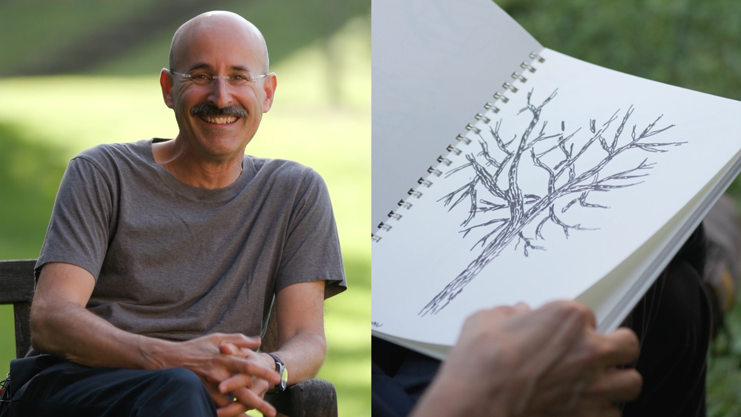 On the right, a color photo of a light skinned man sitting in a chair in a garden and smiling at the camera; on the left, color photo of a sketchbook page with a drawing of a tree