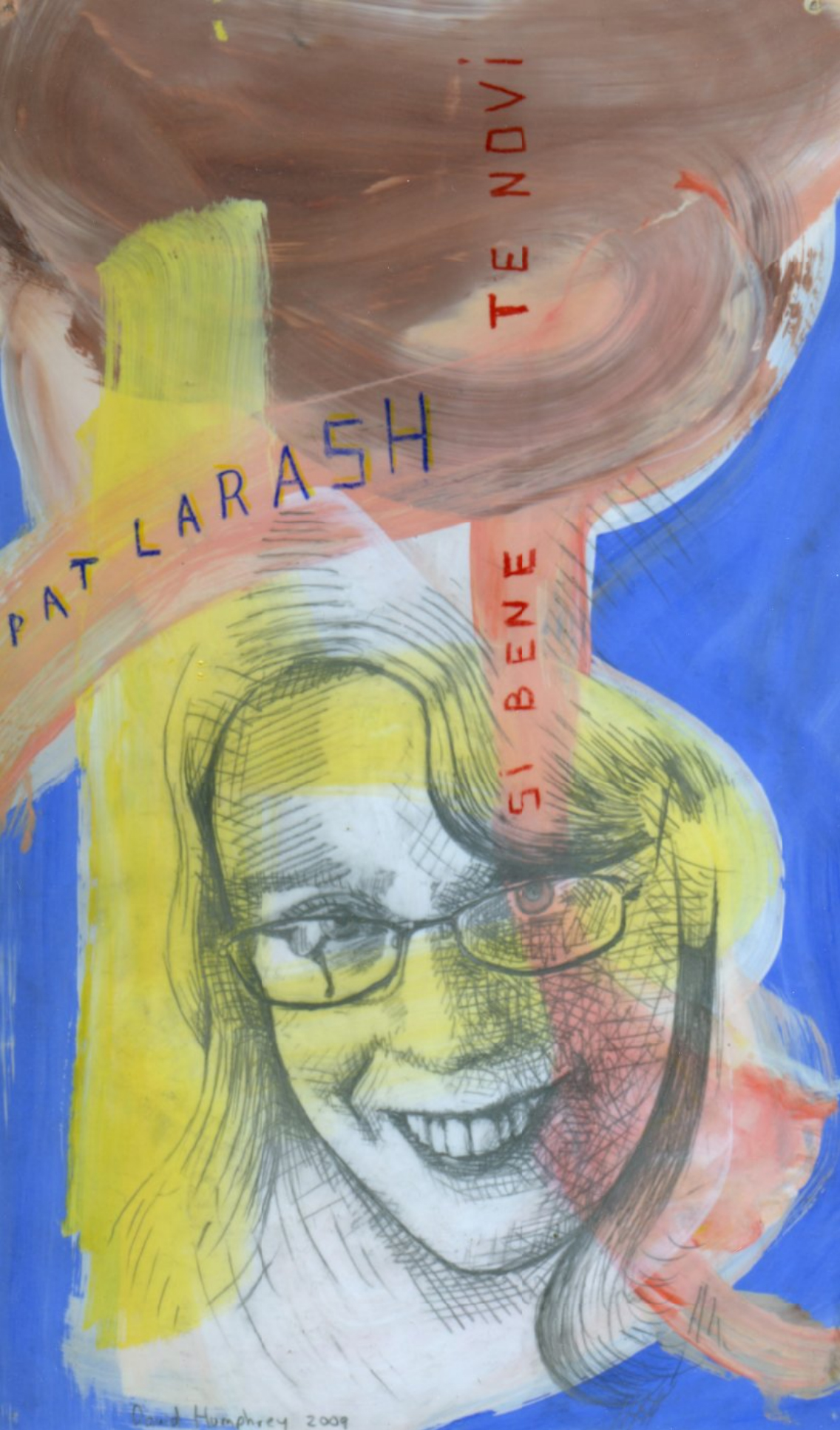 Patricia Larash Drawing of the face of a light skinned woman wearing glasses, with blue, yellow, and brown swirls of color surrounding her