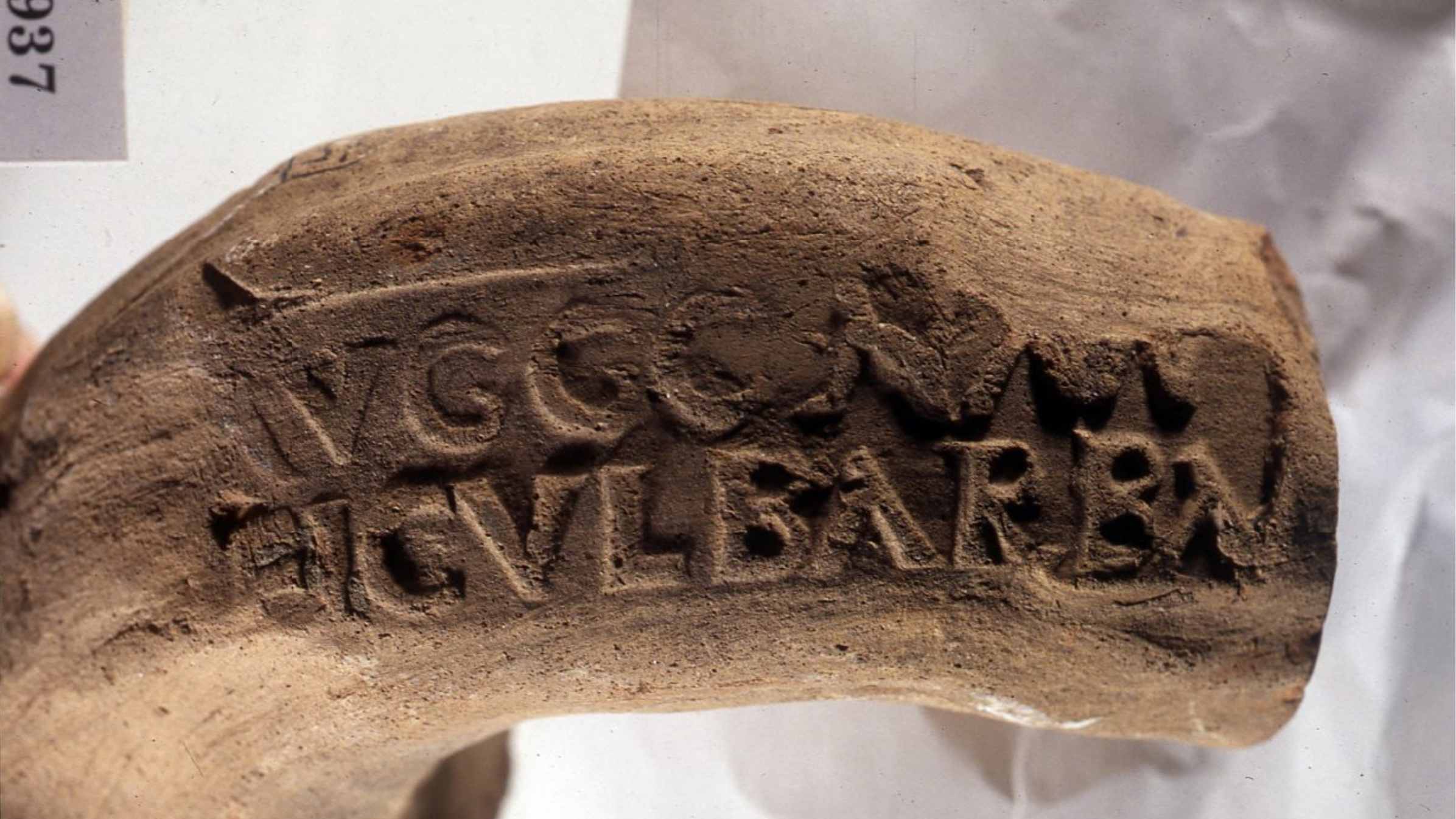 Color photograph of a stamped amphora handle, used in Roman pottery and found in Monte Testaccio