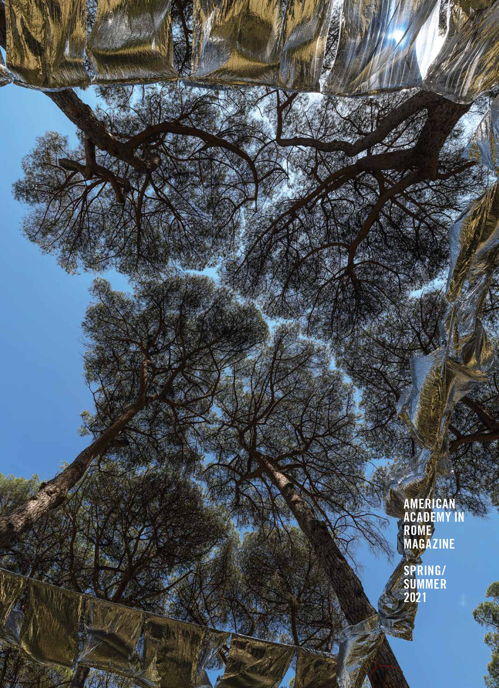 Cover of the spring summer 2021 issue of AAR Magazine, featuring an artwork by Francesca Berni of silver blankets attached to umbrella pine trees