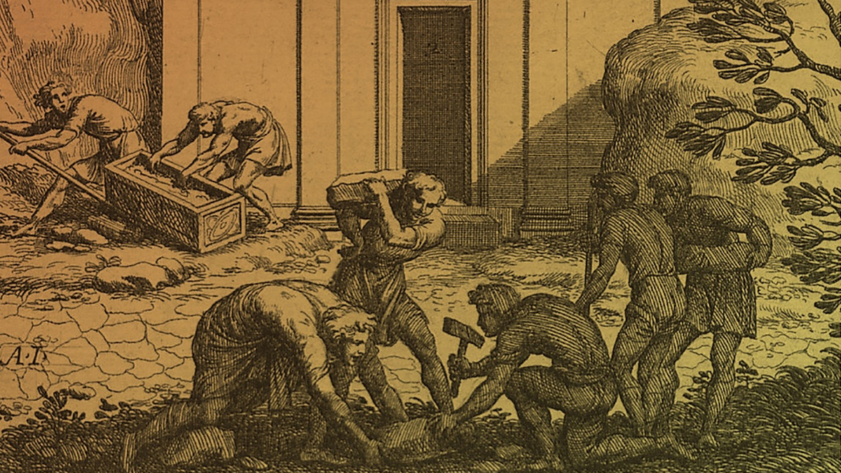 Detail of a Renaissance engraving on a book cover depicting seven men with tools laboring outdoors in front of a building