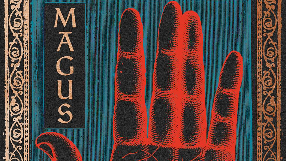 Detail of a book cover with the title &quot;Magus&quot; and a red and black woodcut print of a four fingers and the tip of a thumb
