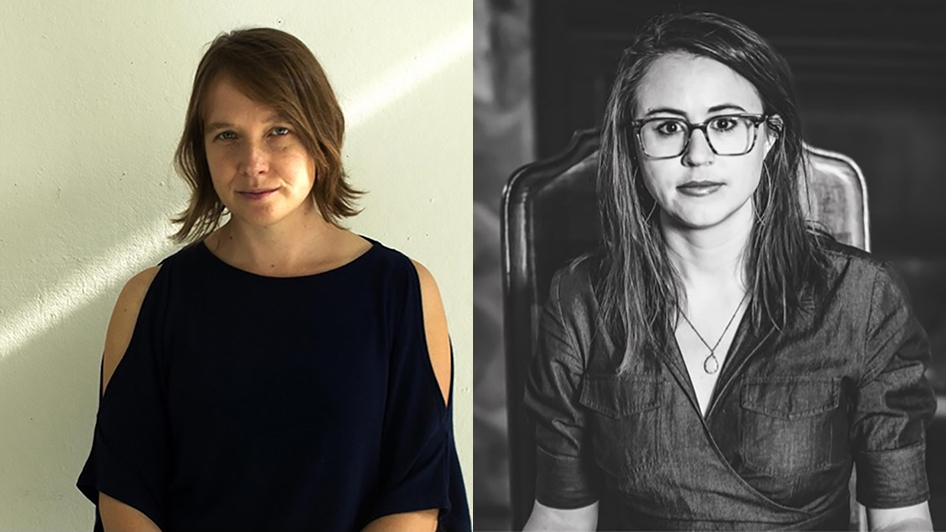 Two portraits side by side: on the left, a color photograph of a light skinned woman wearing a black top and standing against a pale yellow wall, looking at the camera; on the right, a black and white photo of a light skinned woman wearing glasses and looking at the camera