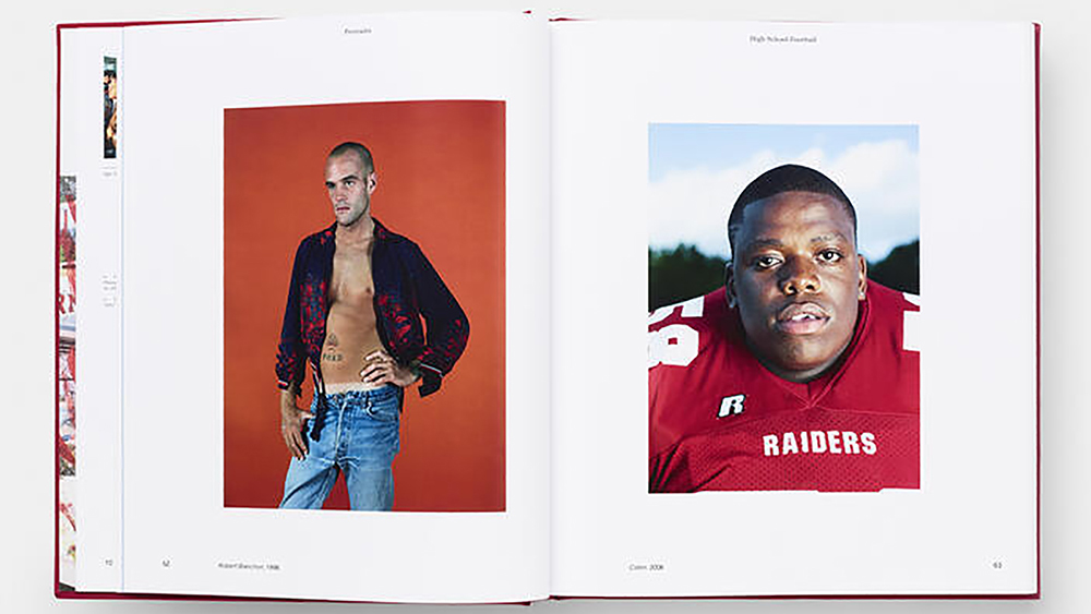 An open-book, double-page spread of two photographs from Catherine Opie's Phaidon monograph