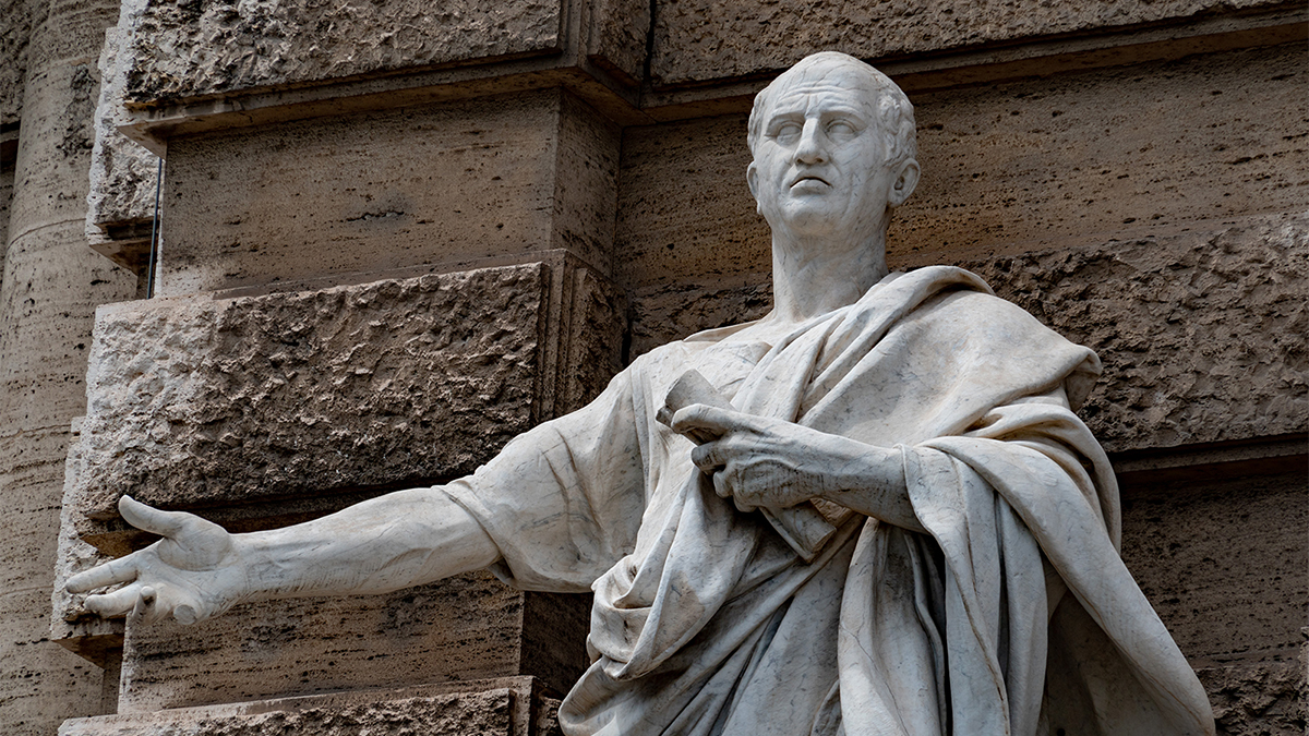 Color photo of a marble statue of a roman