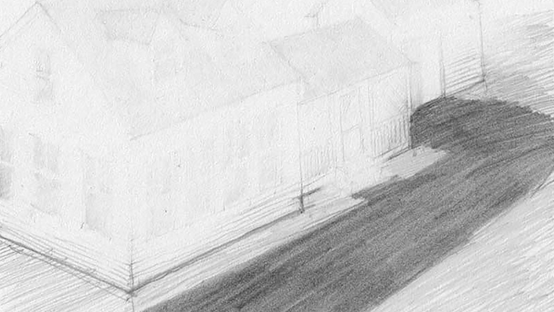 Impressionistic pencil drawing of a house drawn at an oblique angle
