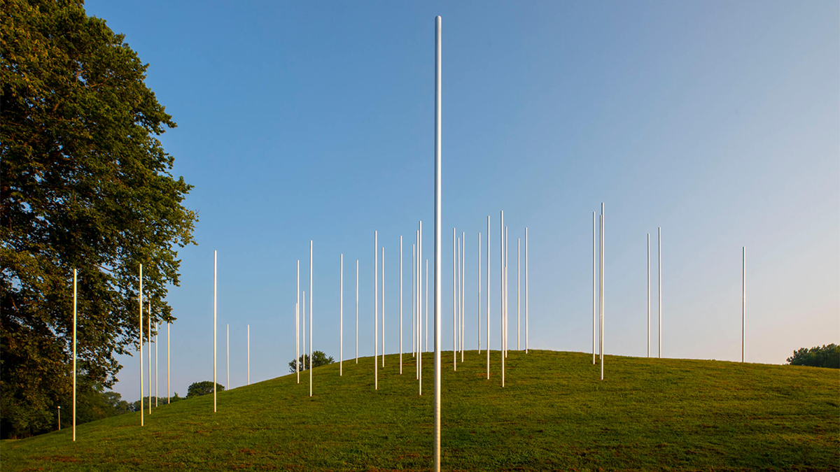 Color photograph of an outdoor art installation: on a hill are numerous thin vertical steel poles arising from the grass