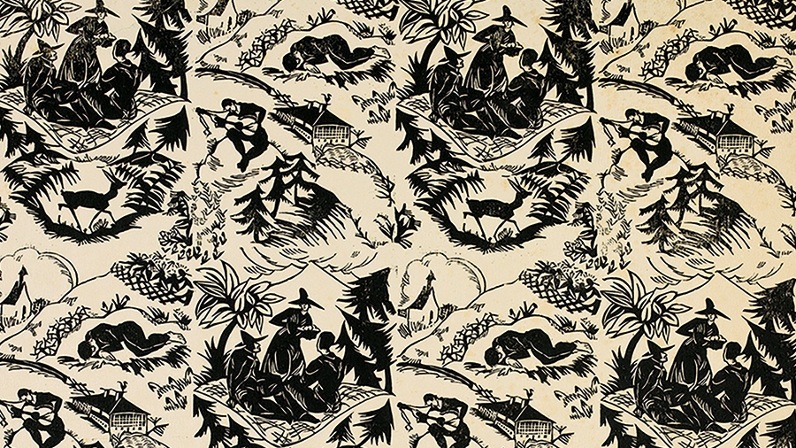 Reproduction of a detail of early 20th century wallpaper featuring figures playing music, sleeping, and gathering in conversation
