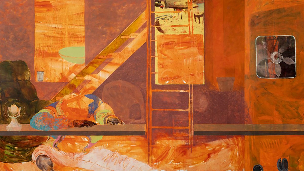 Cropped photo of the Jennifer Packer painting "Fire Next Time," which depicts a black man sitting with his head on the table, surrounded by a staircase, two fans, and an easy chair, in largely oranges, yellows, and ocre