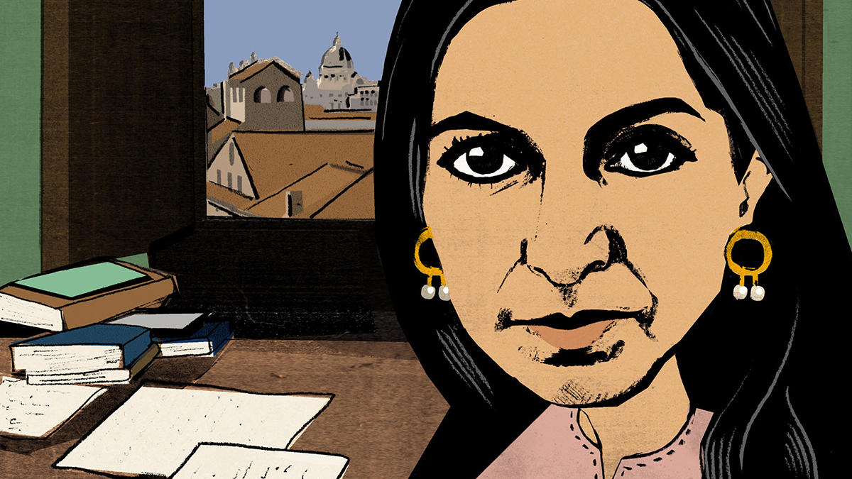 Detail of a color illustration by Ellie Foreman-Peck of Jhumpa Lahiri sitting at a desk covered with papers in front of a window looking out onto an Italian cityscape