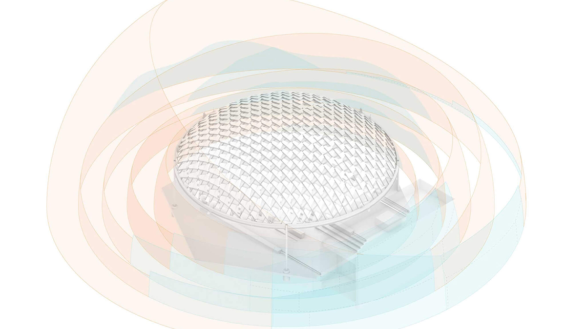 Digital rendetion of experimental architecture that depict air and light over a building