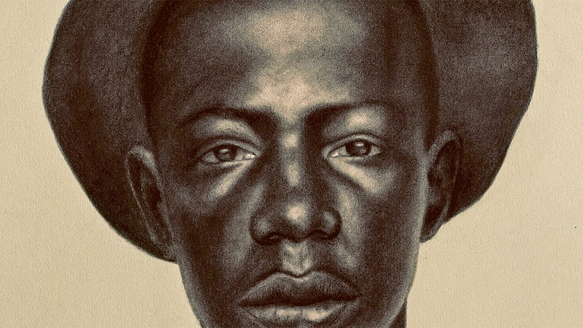 Detail of a drawing of the face of a dark skinned man wearing a round brimmed hat