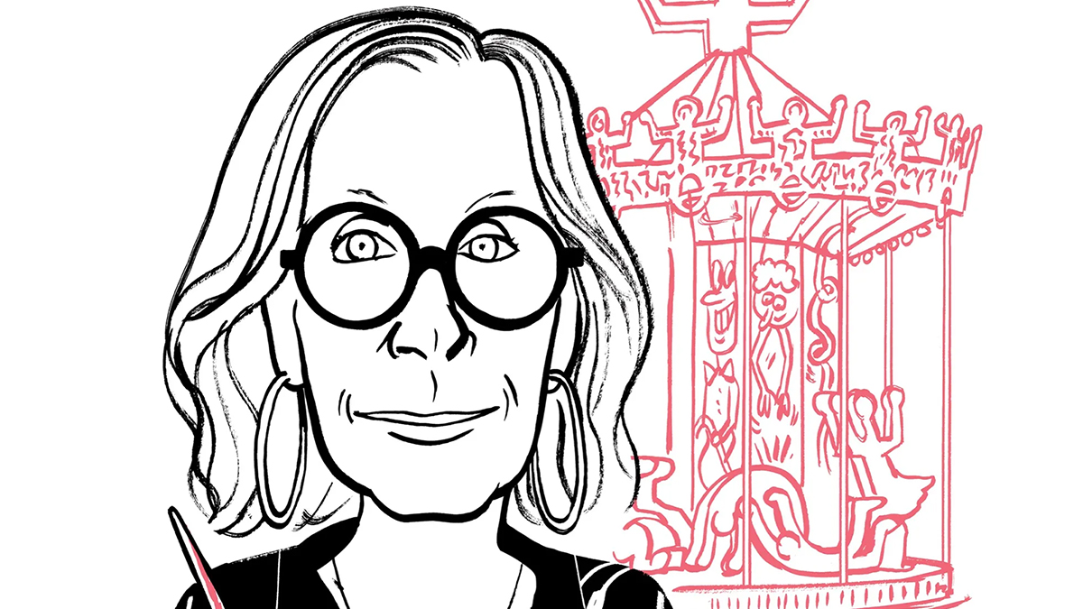 Illustration of a light skinned woman wearing glasses in black with a drawing of a merry-go-round in red