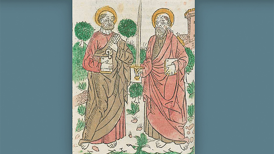 Detail of book cover showing a print of two men in ancient dress and holding books; one man holds up a sword