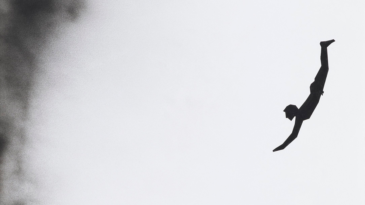 Detail of a black and white painting showing the silhouette of a person diving as if into water