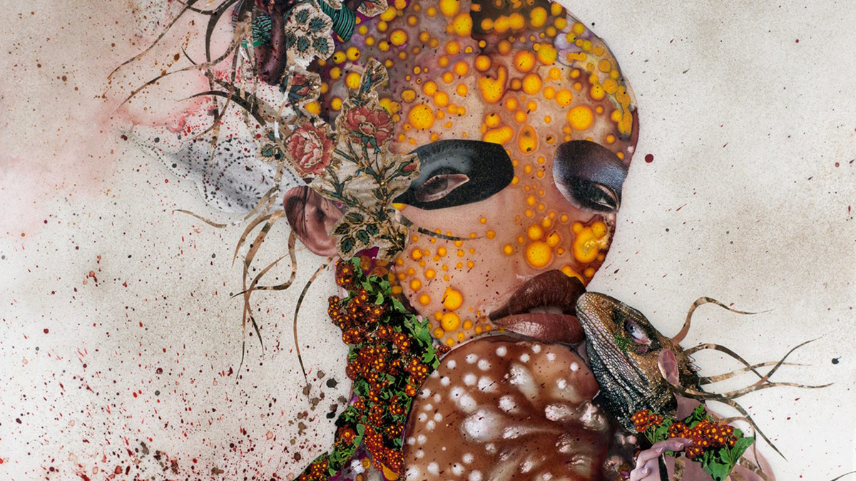 Drawing of a humanlike figure's head with various flowers for hair; the person holds an iguana to its chest