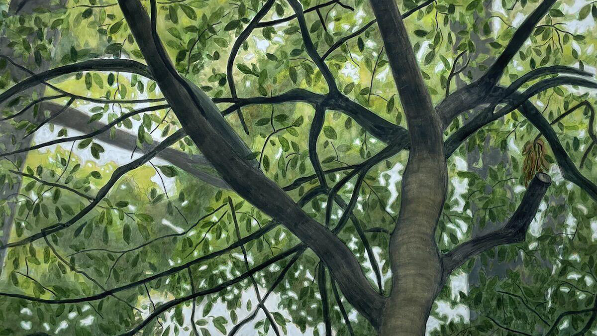 Detail of a painting of a tree, from a view on the ground looking upward into the green leaves and brown branches