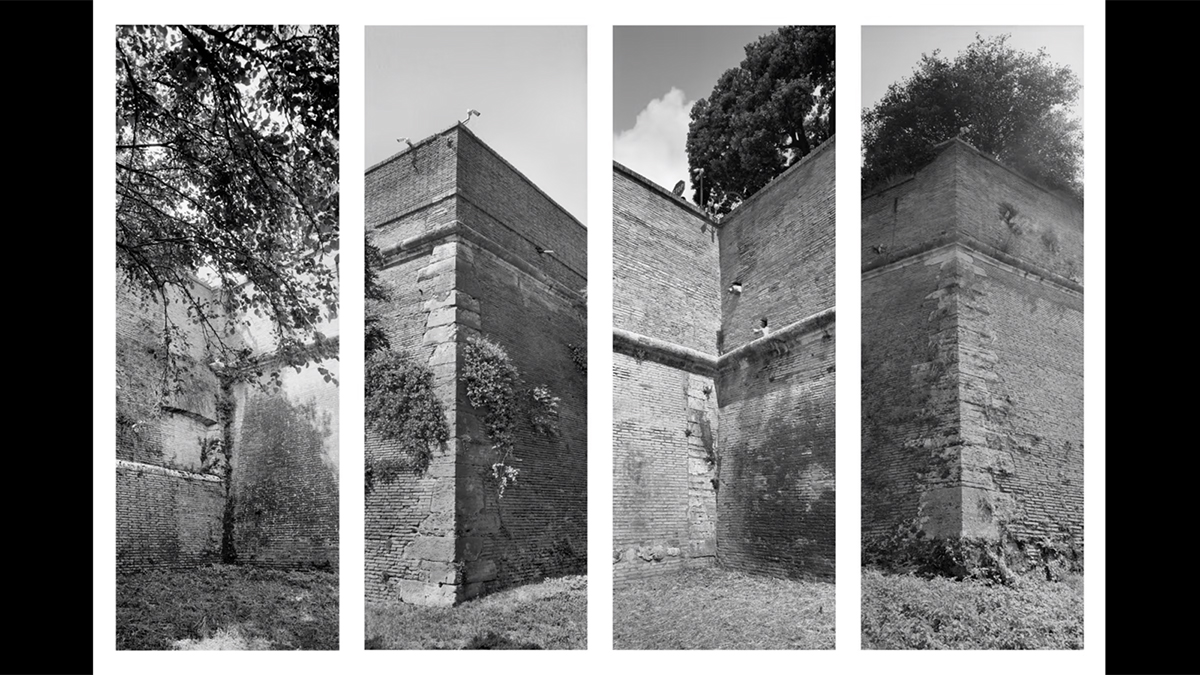 Composite image of four black and white photographs: each photo is a narrow vertical sliver depicting a part of the exterior of the bricked Vatican City wall