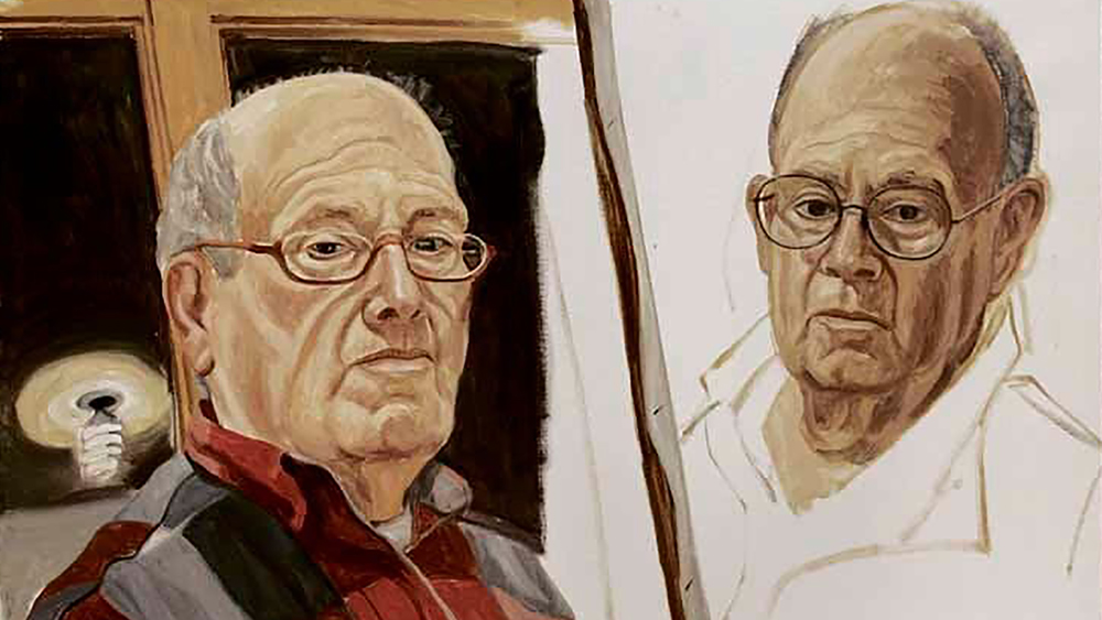 Color photograph of a detail of a double self portrait of a light skinned, late middle age artist