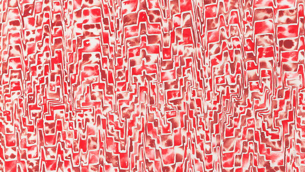 Detail of a drawing with many red squiggly lines