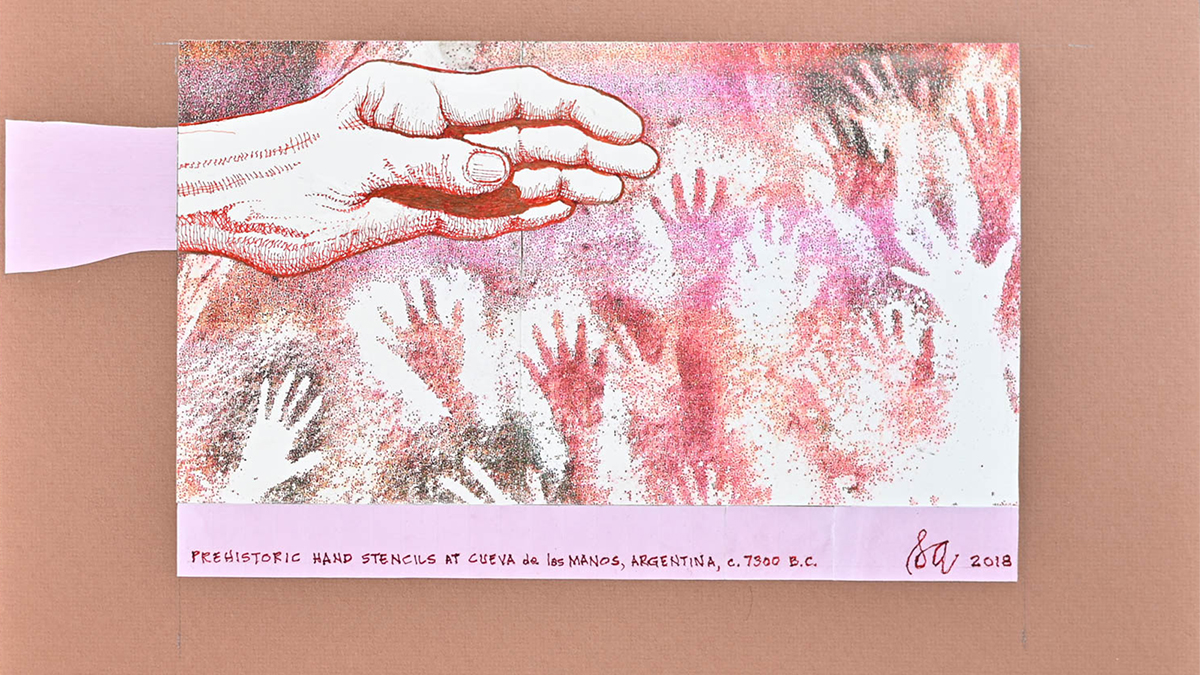 Drawing collage with one large hand extended over many palm prints