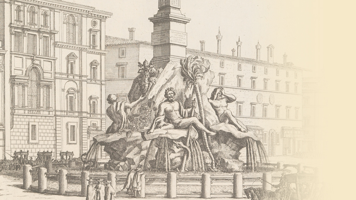 Detail of an older master print of a fountain and buildings in Piazza Navona in Rome
