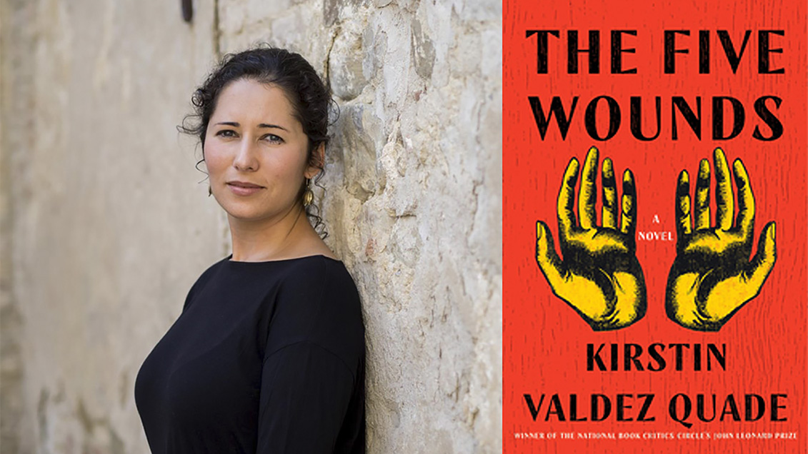 Split-screen image with a photograph of Kirstin Valdez Quade on the left and the cover of her book "The Five Wounds" on the right