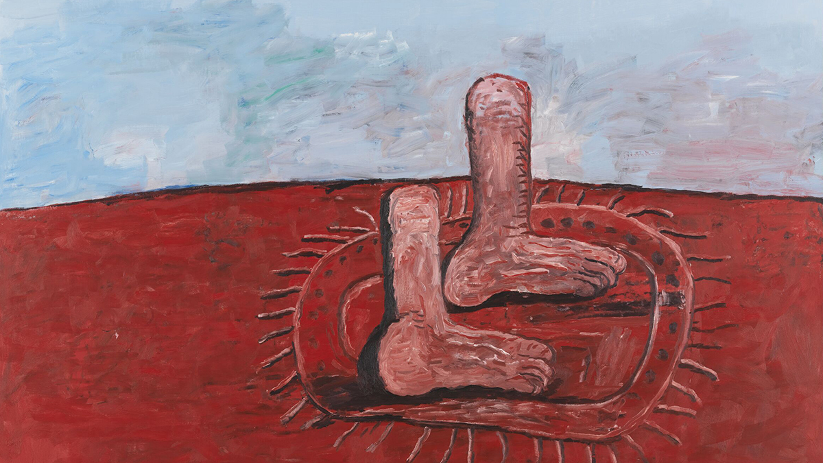 Detail of a color painting with two severed human feet standing on a red surface