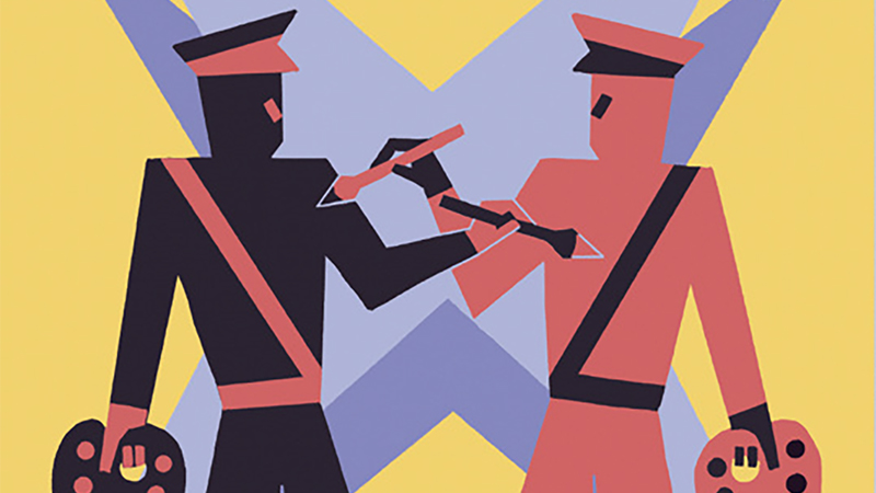 Digital illustration of two profiles of military personnel, each holding a paintbrush and palatte as they paint each other into being