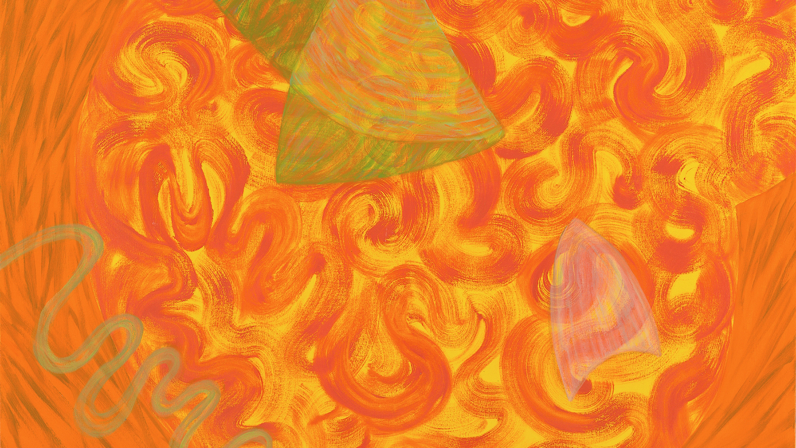 Detail of an abstract orange and yellow painting by Joan Thorne