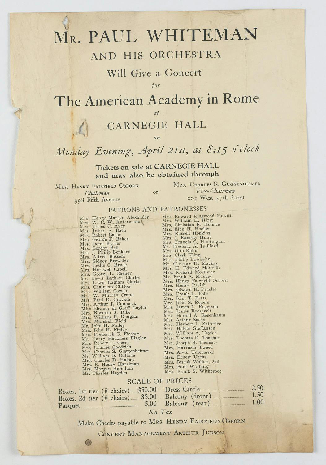 Color scan of a typeset one-page flyer listing factual information about a Carnegie Hall concert as well as a list of the names of people who donated money to the fundraiser