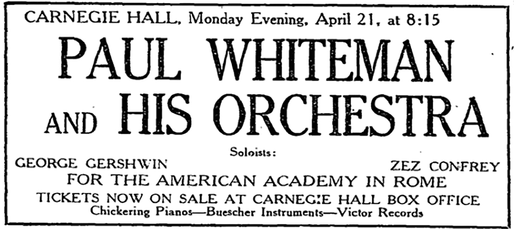 scan of a box advertisement for Paul Whiteman and His Orchestra at Carnegie Hall, published in the New York Times in 1924