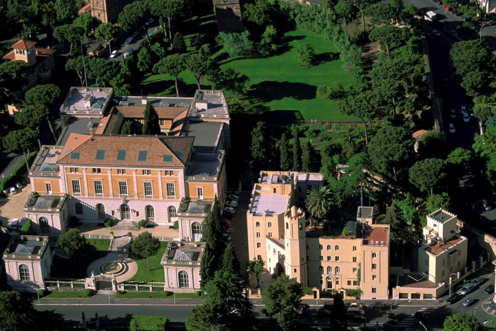 Color photograph of an aerial view of the McKim Mead & White Building at the American Academy in Rome