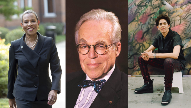 Collaged image consisting of three portrait photographs of Mary Schmidt Campbell,  John Guare, and Julie Mehretu