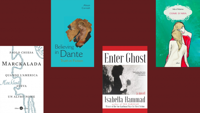 Graphic design image showing the covers of four books against a maroon background