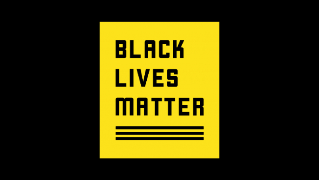 Graphic logo for Black Lives Matter with black letters on a yellow square