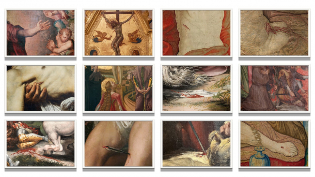 Color reproduction of twelve photographs of details of old master paintings where the original artist painted red blood