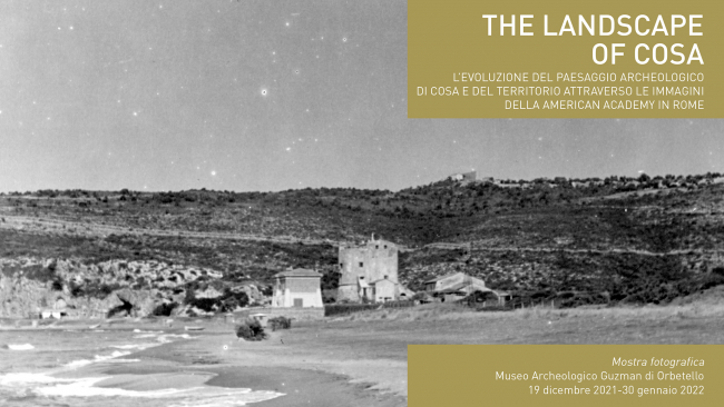 Graphically design flyer for the museum exhibition, with a black and white photograph of an Italian shoreline, with small buildings in the middle distance and mountains behind them