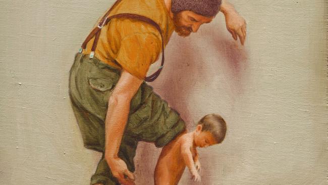 Realistic painting of an infant growing from a man's calf