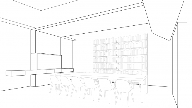 a minimal digital schematic architectural rendering of an office conference room with chairs, long table, and bookshelves