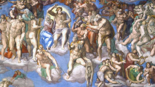 Color photograph the main wall of the Sistine Chapel showing Michelangelo's Last Judgment