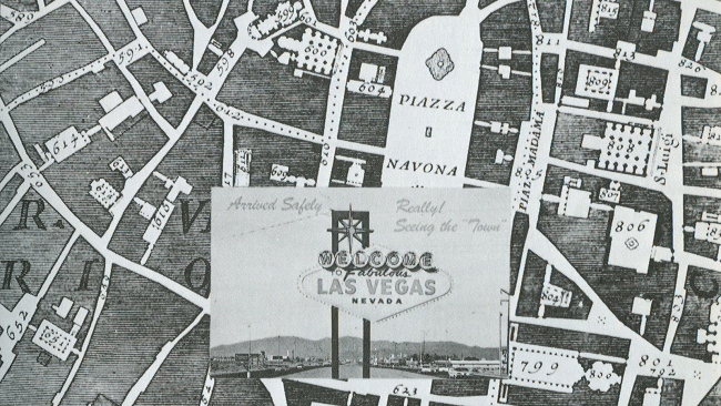 Detail of figure 17 of Robert Venturi and Denise Scott Brown’s book Learning from Las Vegas, showing a Las Vega postcard centered on a closeup of a famous map of Rome