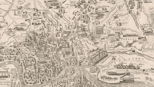 Detail of an old map of ancient Rome, showing buildings and natural features